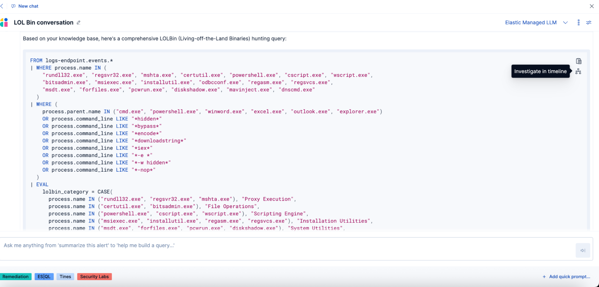 Elastic AI Assistant-generated ES|QL query to detect Office/Server spawned LOLBins with suspicious patterns