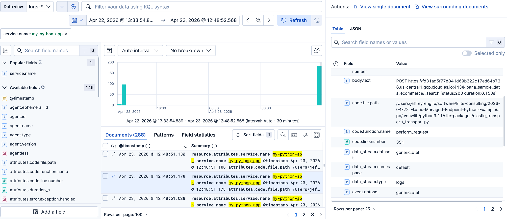 Discover view showing log documents for my-python-app with trace_id and span_id fields