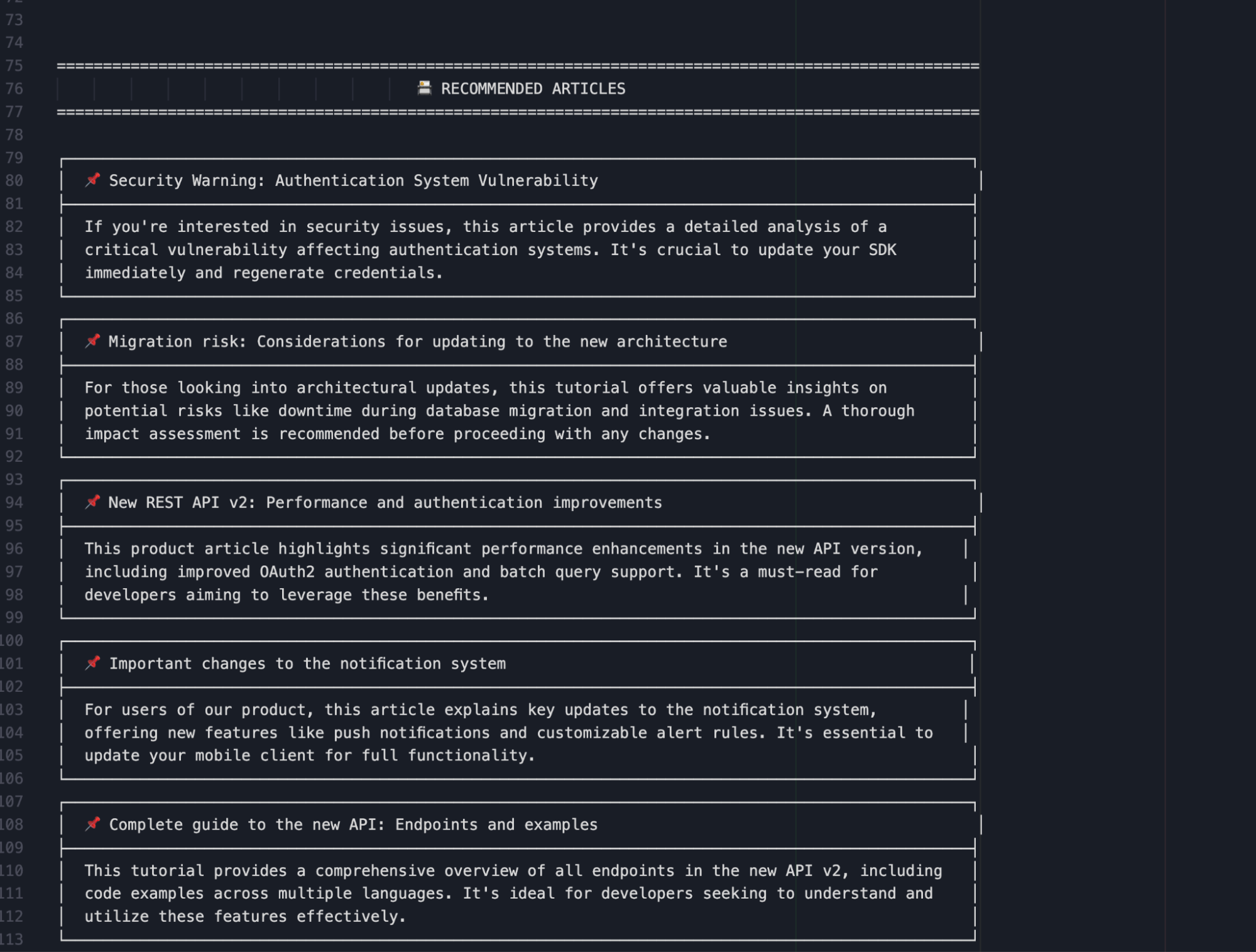 Sección titulada “Artículos recomendados” que muestra cinco resúmenes de artículos en cajas, incluso temas sobre una vulnerabilidad del sistema de autenticación, riesgos de migración, mejoras en el rendimiento y autenticación de la API REST v2, cambios en el sistema de notificaciones y una guía completa de la nueva API.