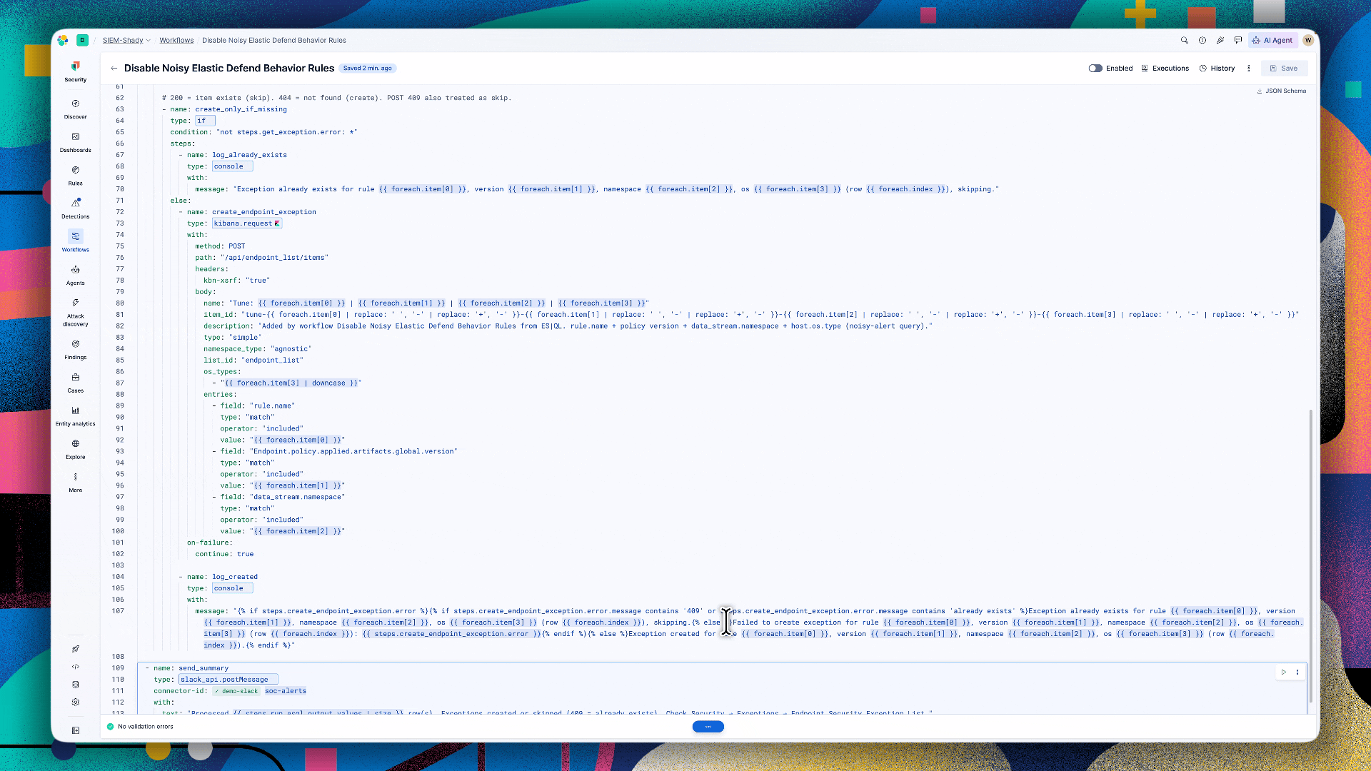 Elastic Workflows YAML editor showing a security workflow with foreach loops, conditional logic and on-failure handling
