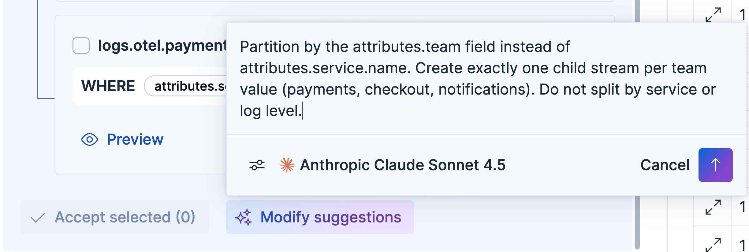 Modify suggestions modal with a plain-English prompt to partition by attributes.team