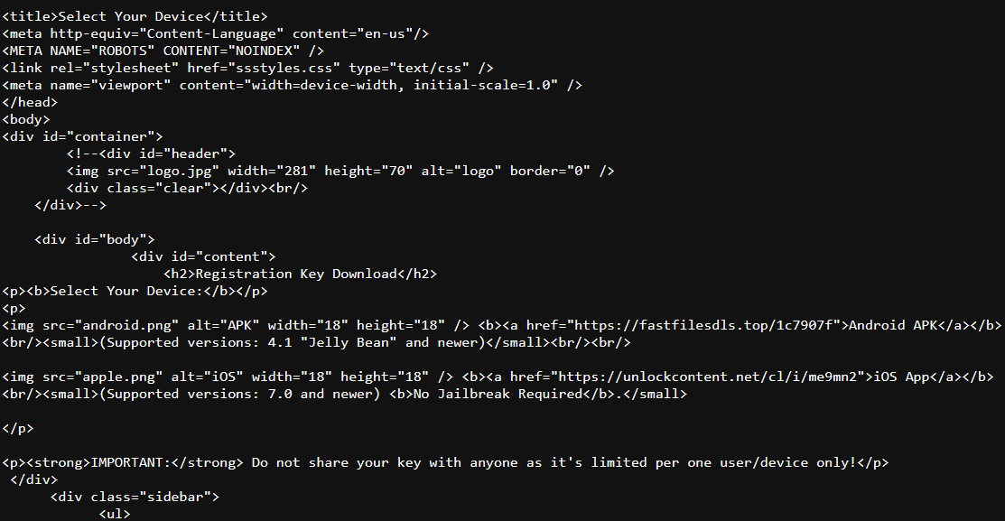 Content at rapidfilesbaze[.]top/h74fGbs2b7XceWop71aQsrx41-Registration-Key-Mobile/