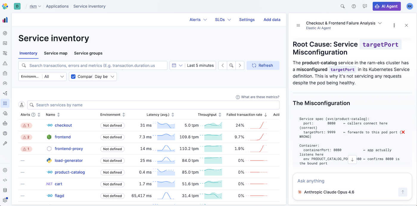 Agent Builder chat on Observability Agent v2 identifying port misconfiguration.
