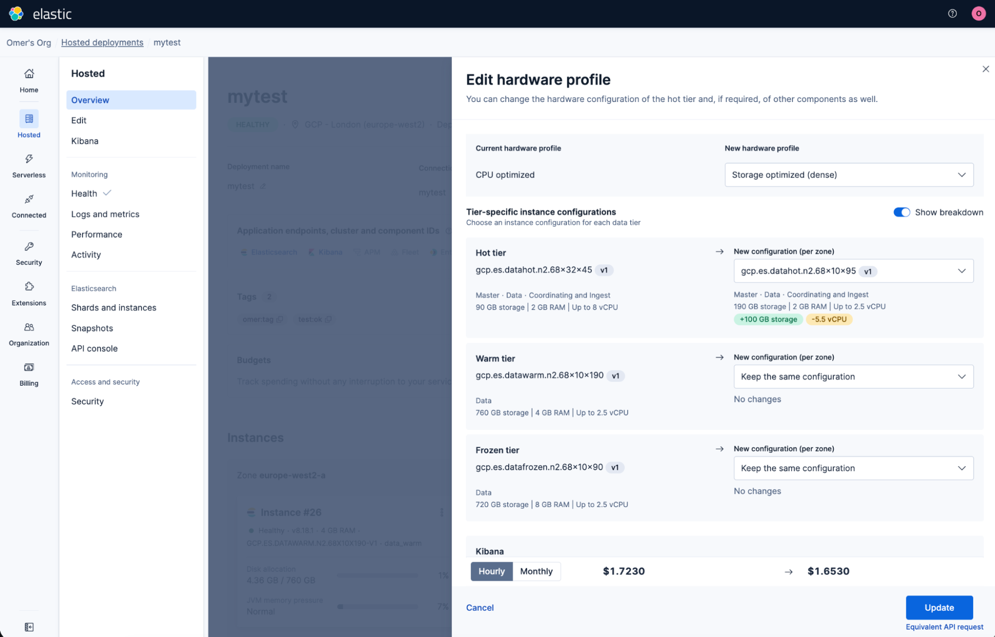 Elastic Cloud interface displaying the “Edit hardware profile” page for a deployment named “mytest.” The screen shows configuration details for hot, warm, and frozen tiers, comparing current and new hardware profiles, with pricing adjustments and Update and Cancel buttons at the bottom.