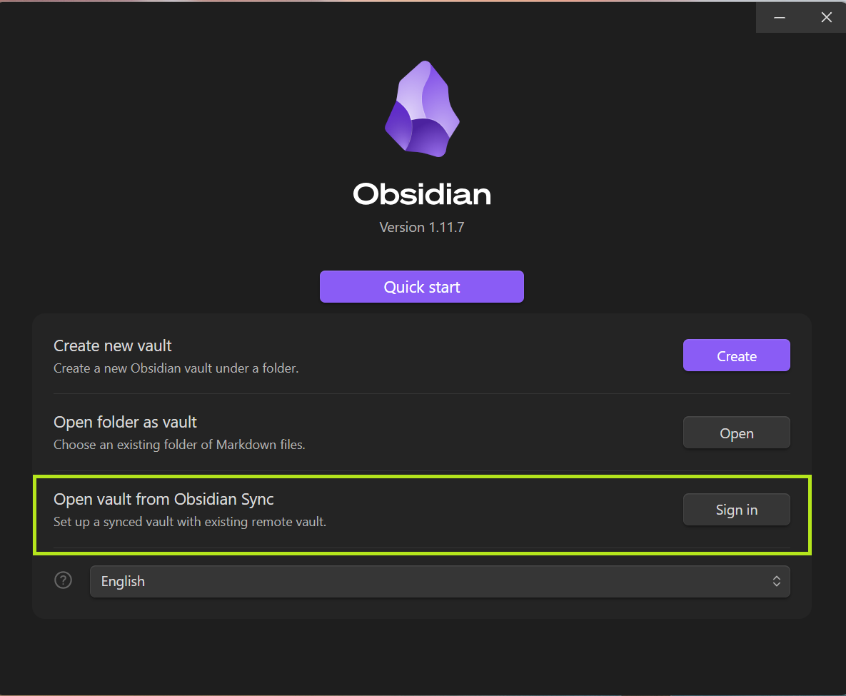 Obsidian menu to open a remote vault