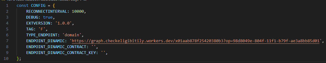 Malicious browser extension config showing the misspelled ENDPOINT_DINAMIC field used to resolve its C2