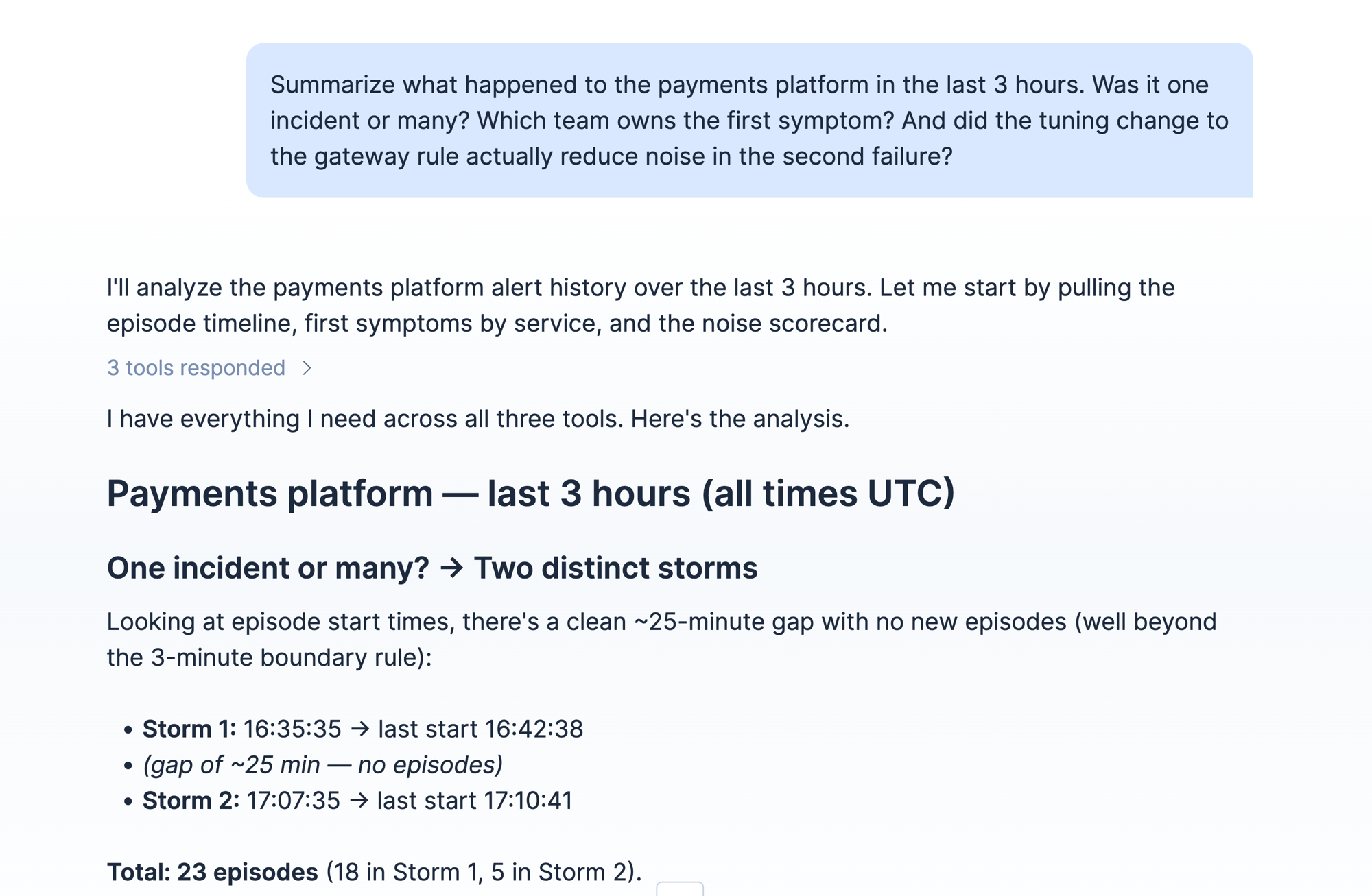 Agent Builder conversation where Alert Historian identifies two storms separated by a quiet gap, with 23 episodes across 3 rules