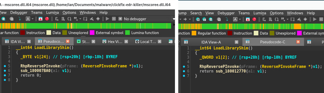 Side-by-side IDA pseudocode comparing the LoadLibraryShim export in our POC DLL and the malware.