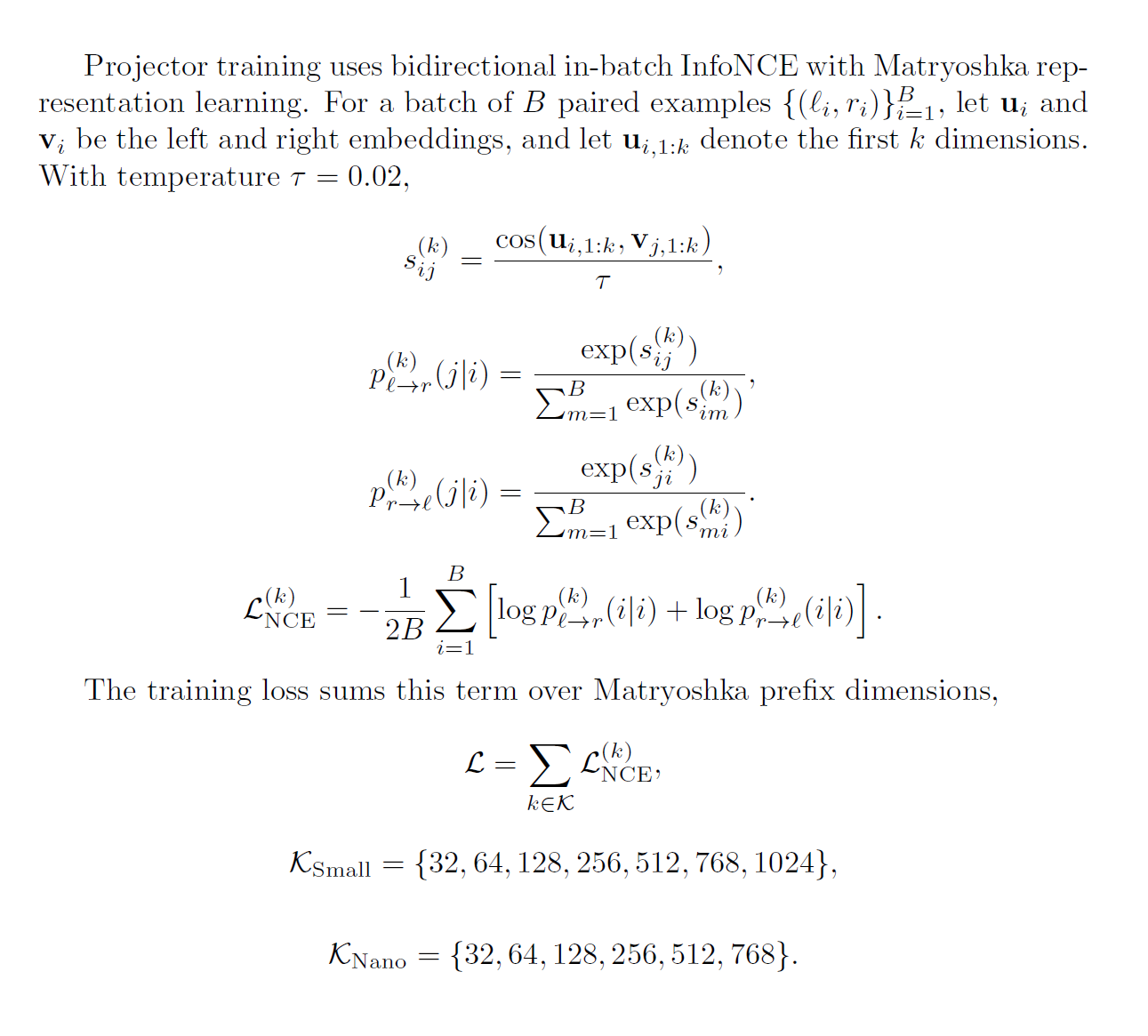 LaTeX math output from jina-ocr-v1 recompiled, showing InfoNCE training formulas intact