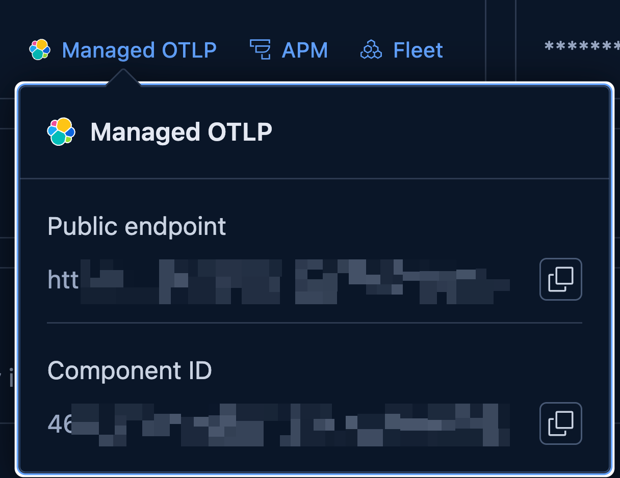 Managed OTLP endpoint URL and Component ID in Elastic Cloud Console