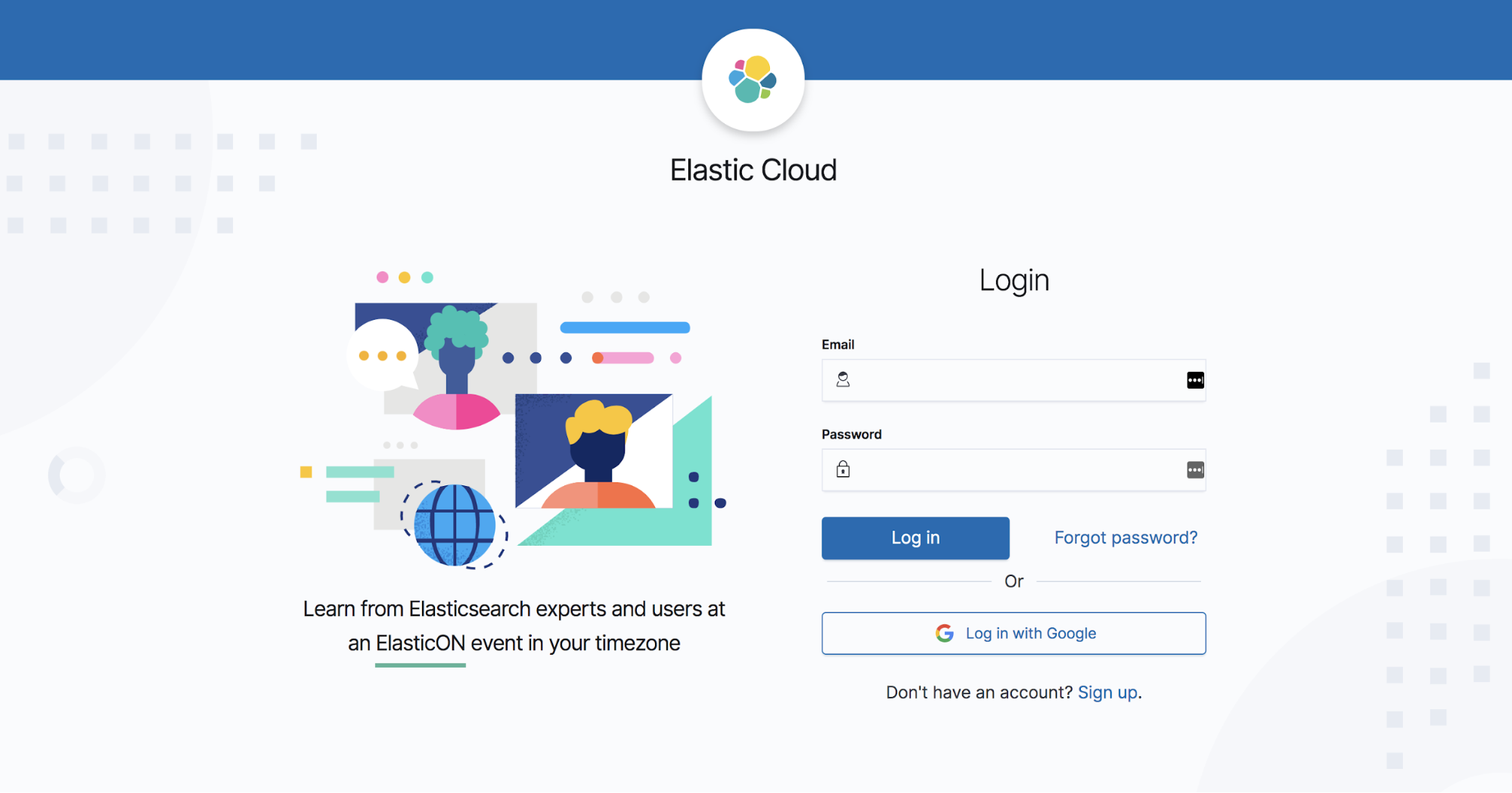 A tela de login do Elastic Cloud