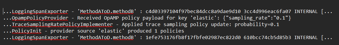 lastic APM Java agent log statements confirming that the sampling rate value of 0.1 was received and applie