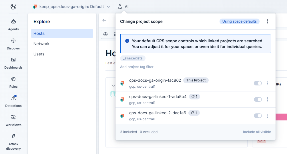 Change project scope panel in Elastic Security listing the origin and two linked projects for cross-project search