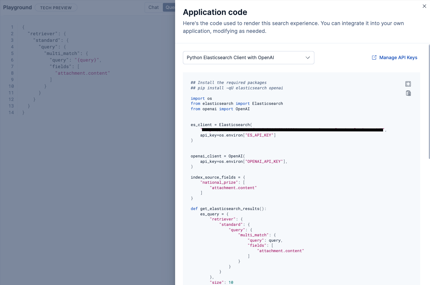 Deploying a RAG application in Elasticsearch Playground.
