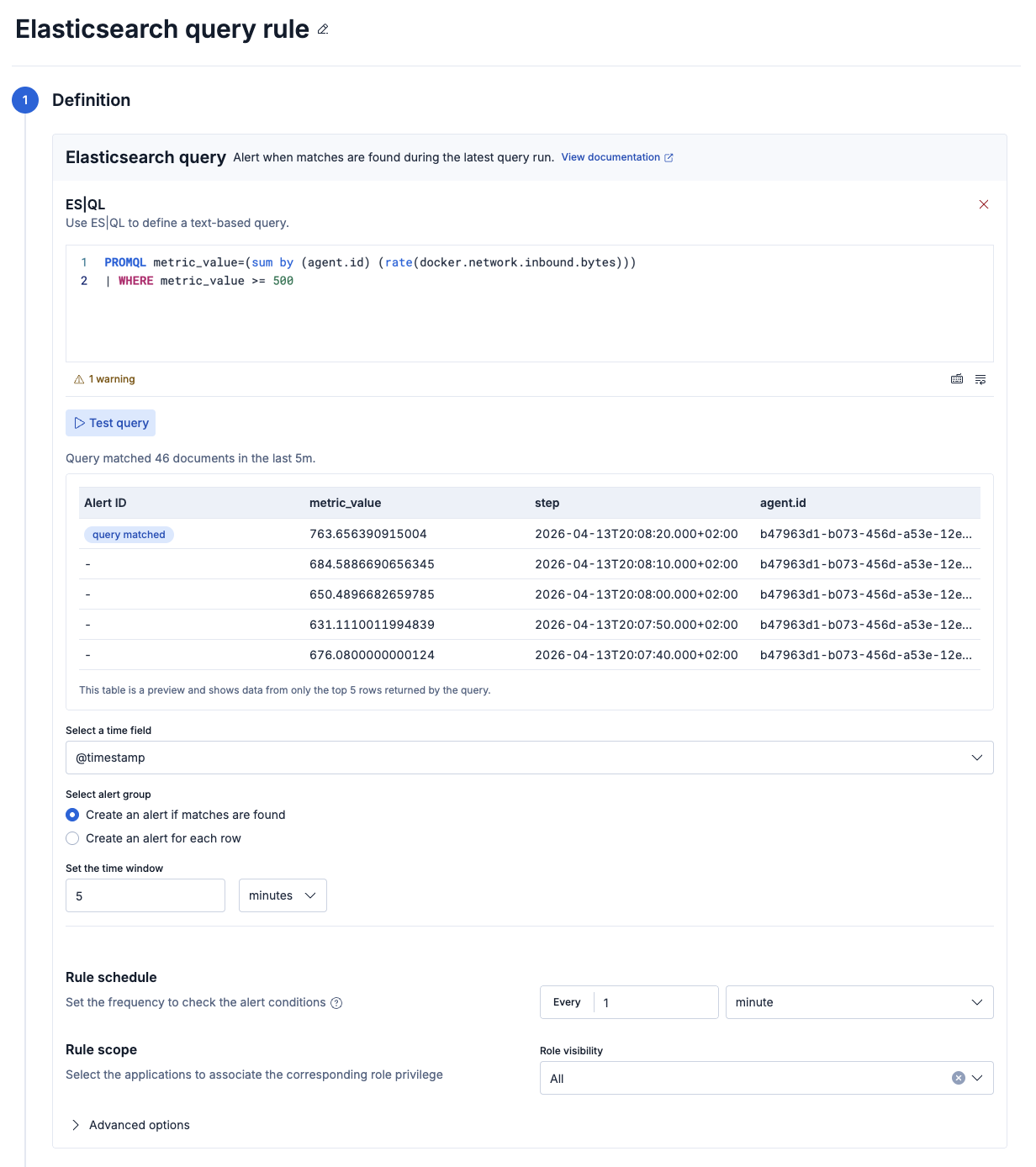 Alert rule: Elasticsearch query with a PROMQL condition