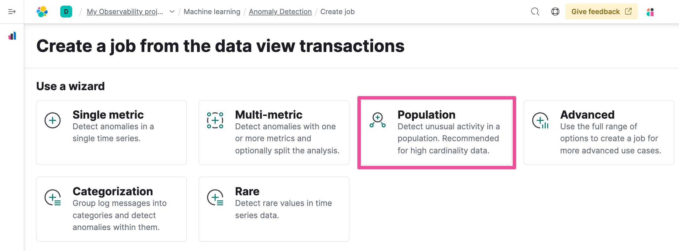 Select population wizard for anomaly detection job