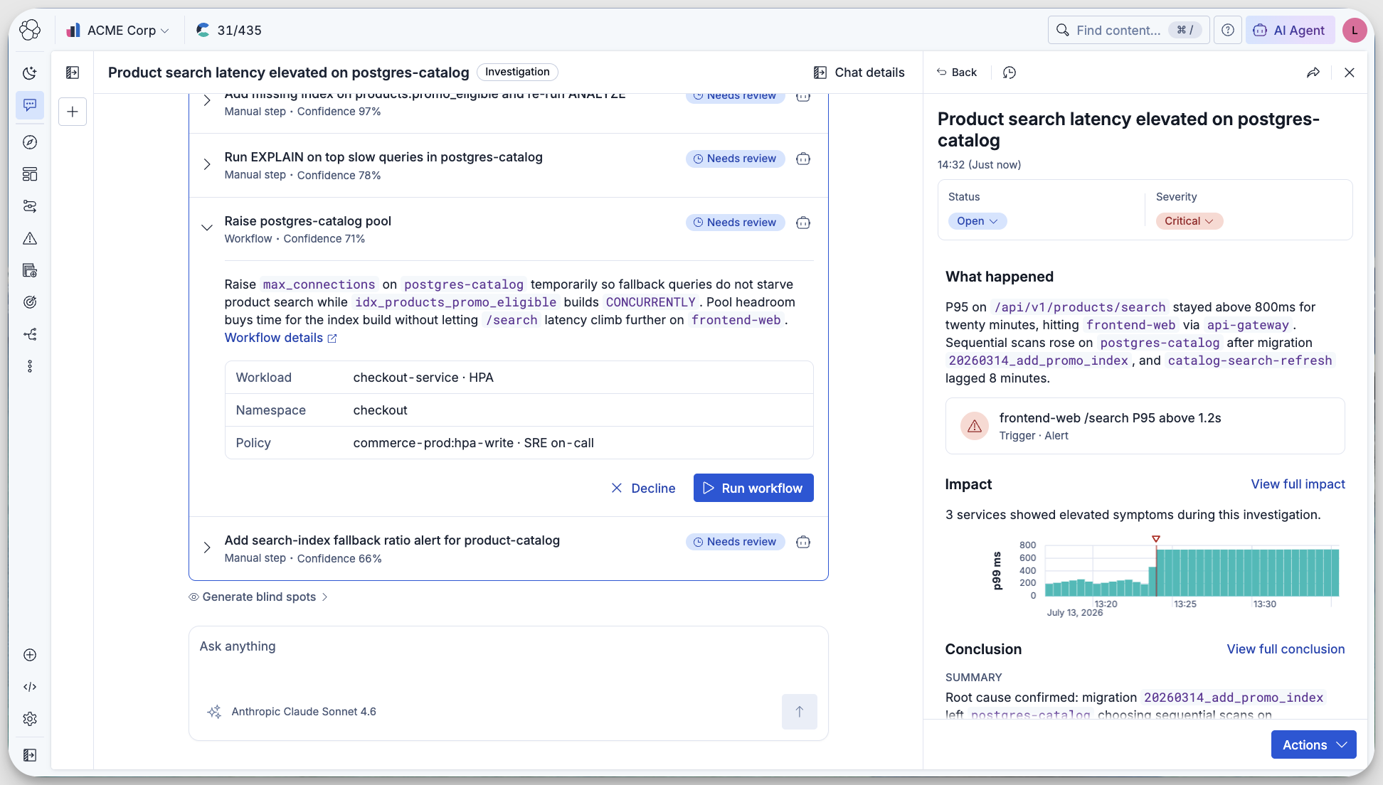 Automated remediation: proposed workflow with confidence scores waiting for review before the AI SRE runs it