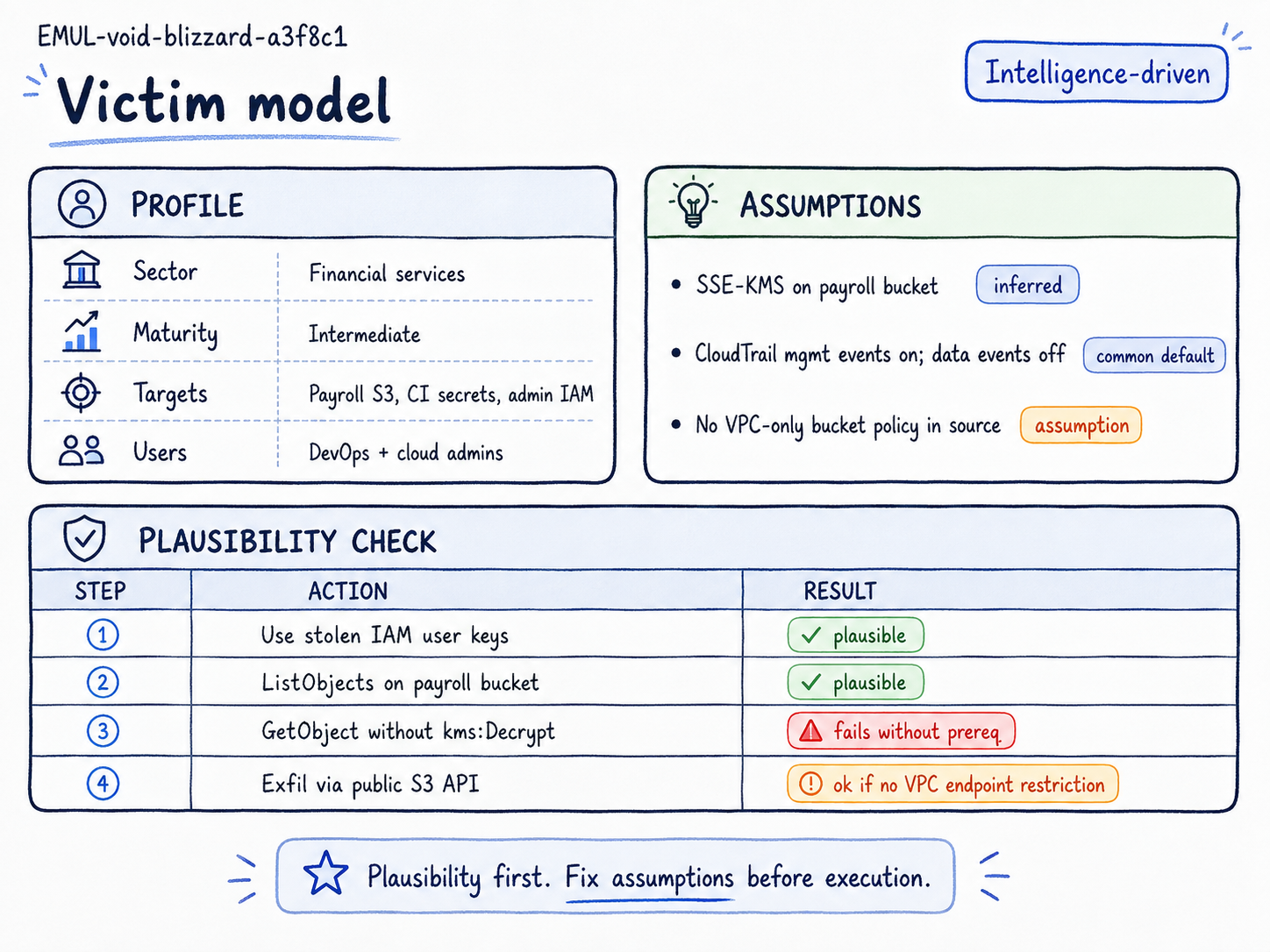Victim model for cloud threat emulation: sector profile, logging assumptions, and per-step plausibility check