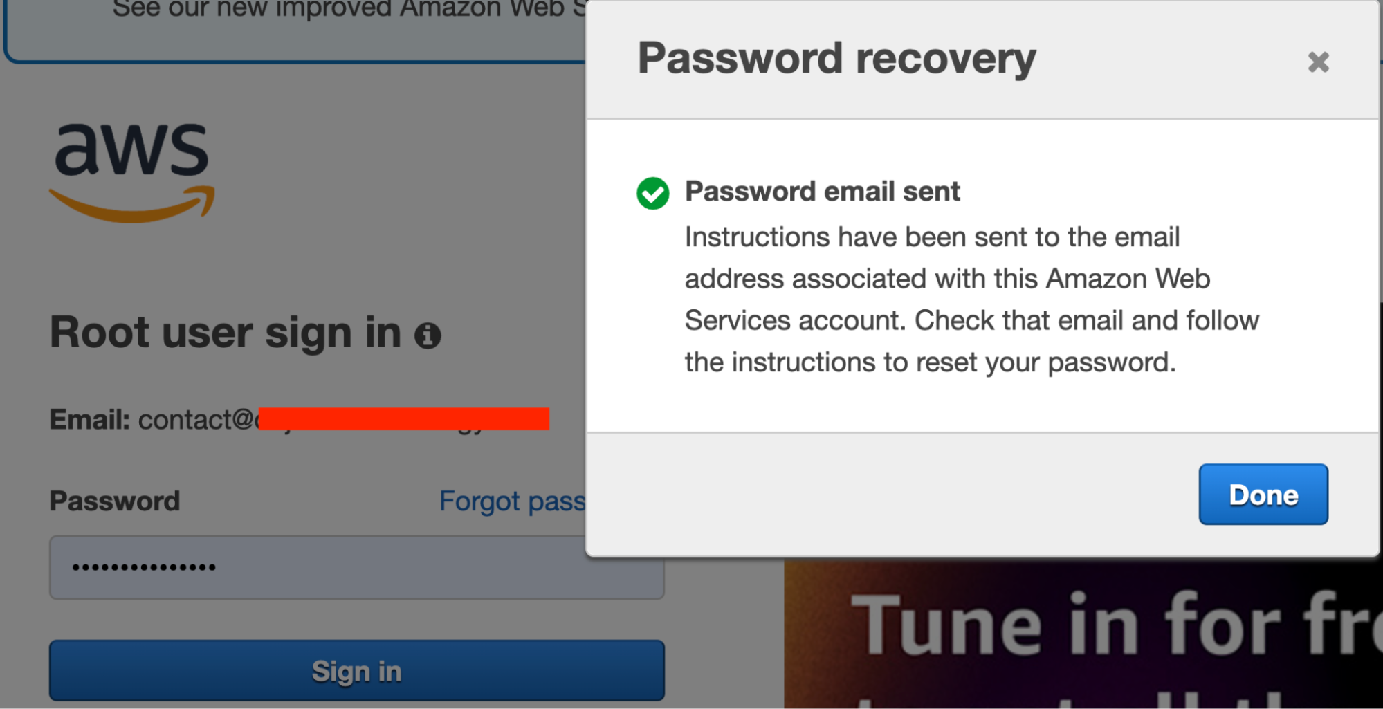 Password recovery request from AWS sign-in for root