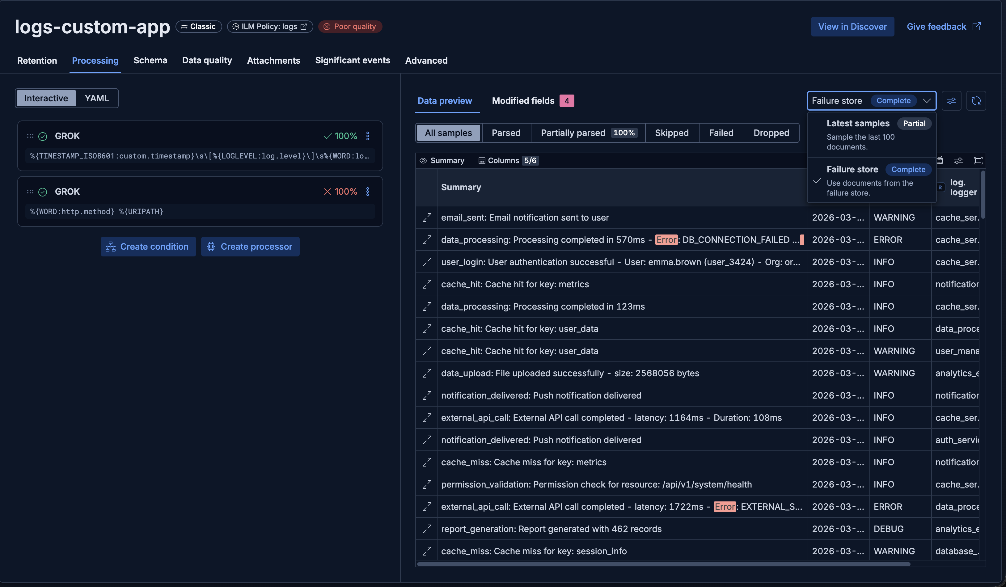 Pipeline editor with failure store selected as the sample source