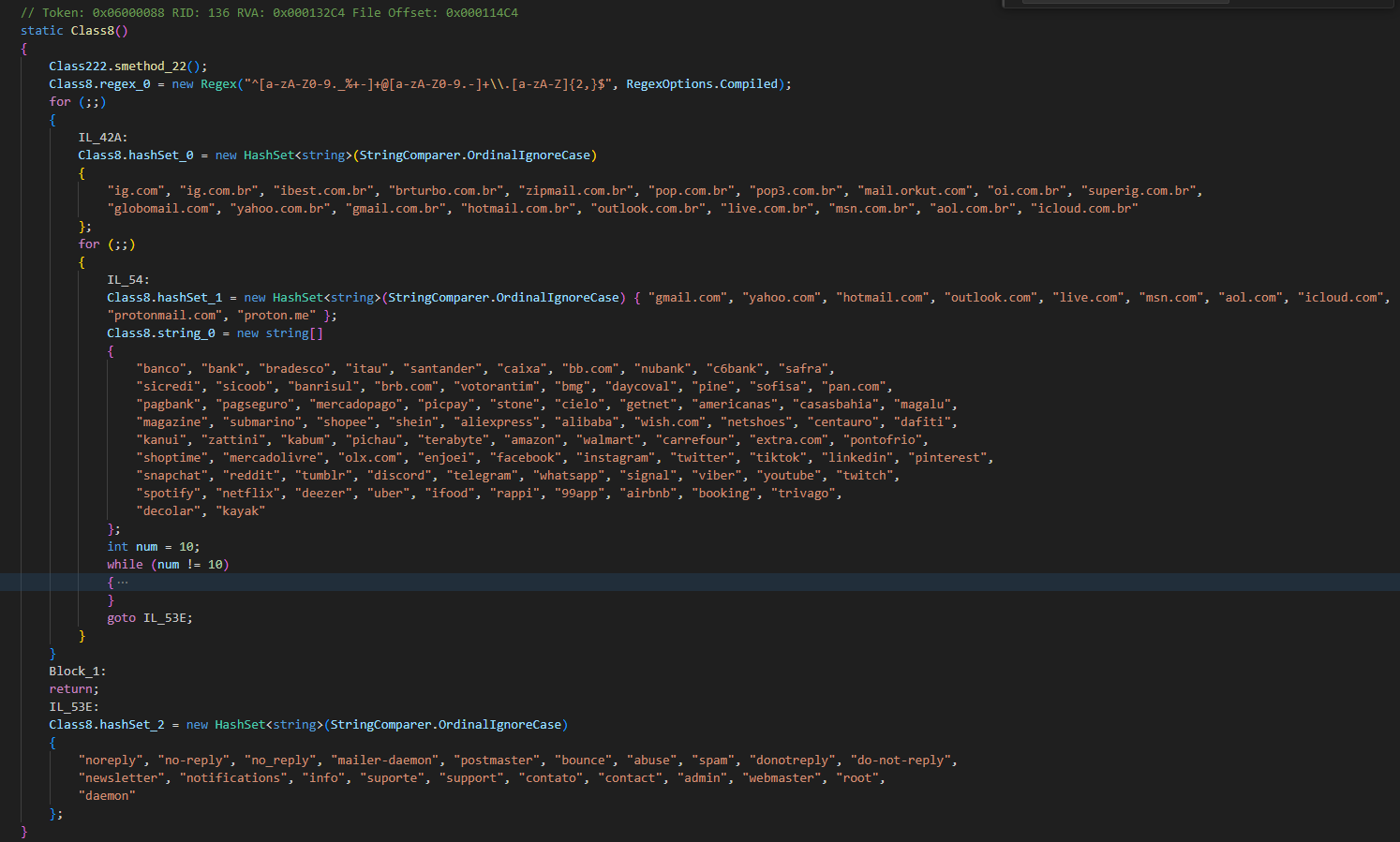 Code related to filtering potential spam victim emails