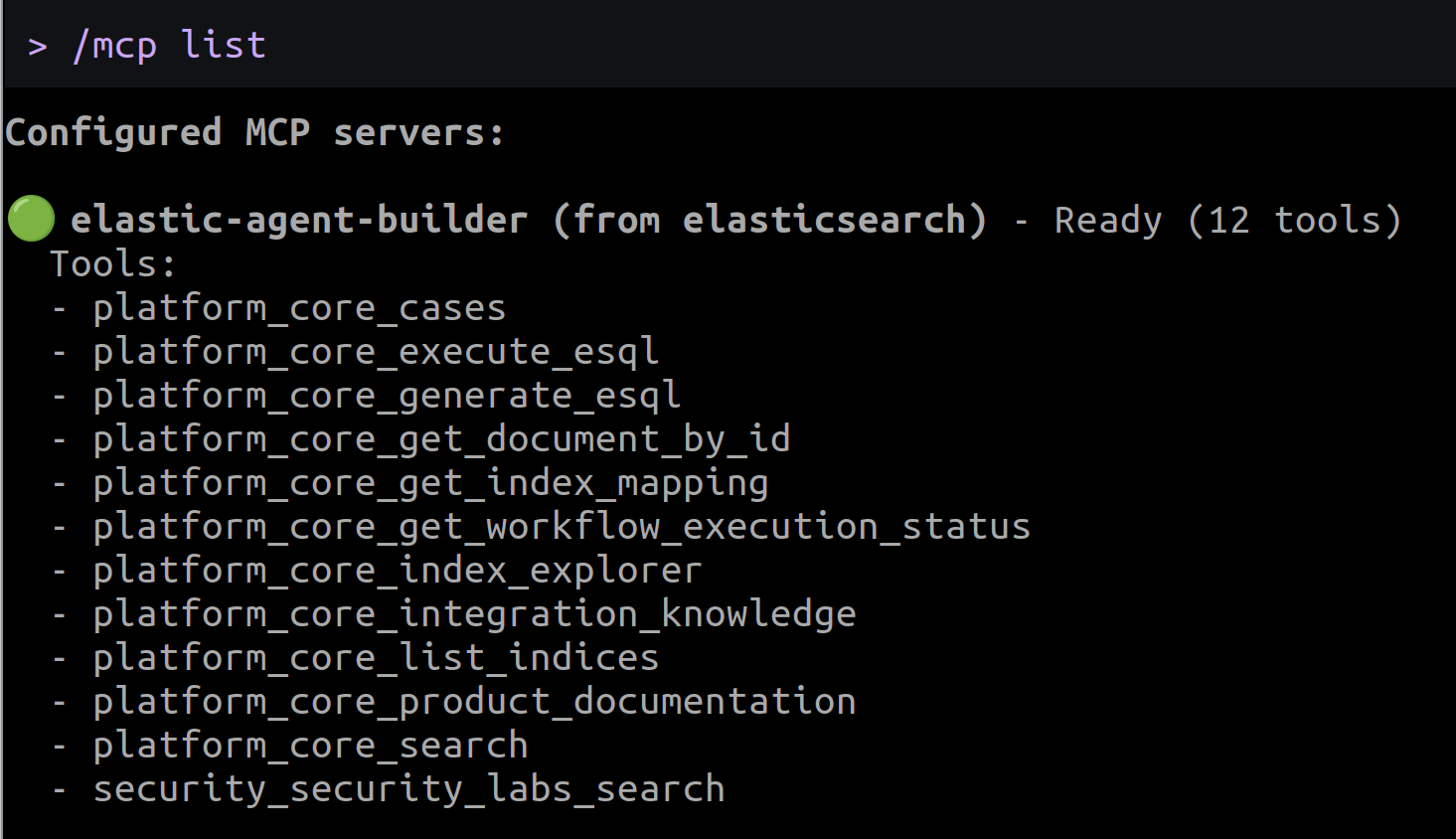 `elastic-agent-builder` MCP 服务器及其工具列表。