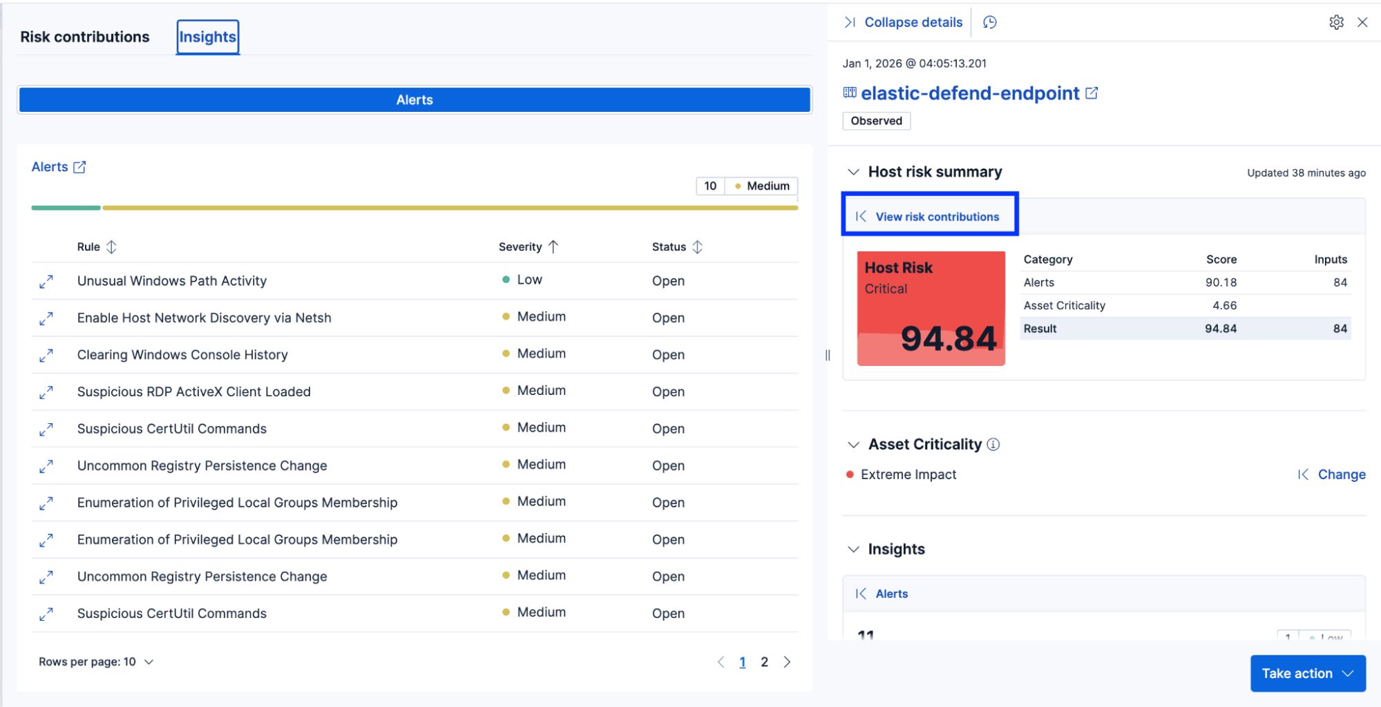 Entity details, risk score, and associated alerts for the affected host
