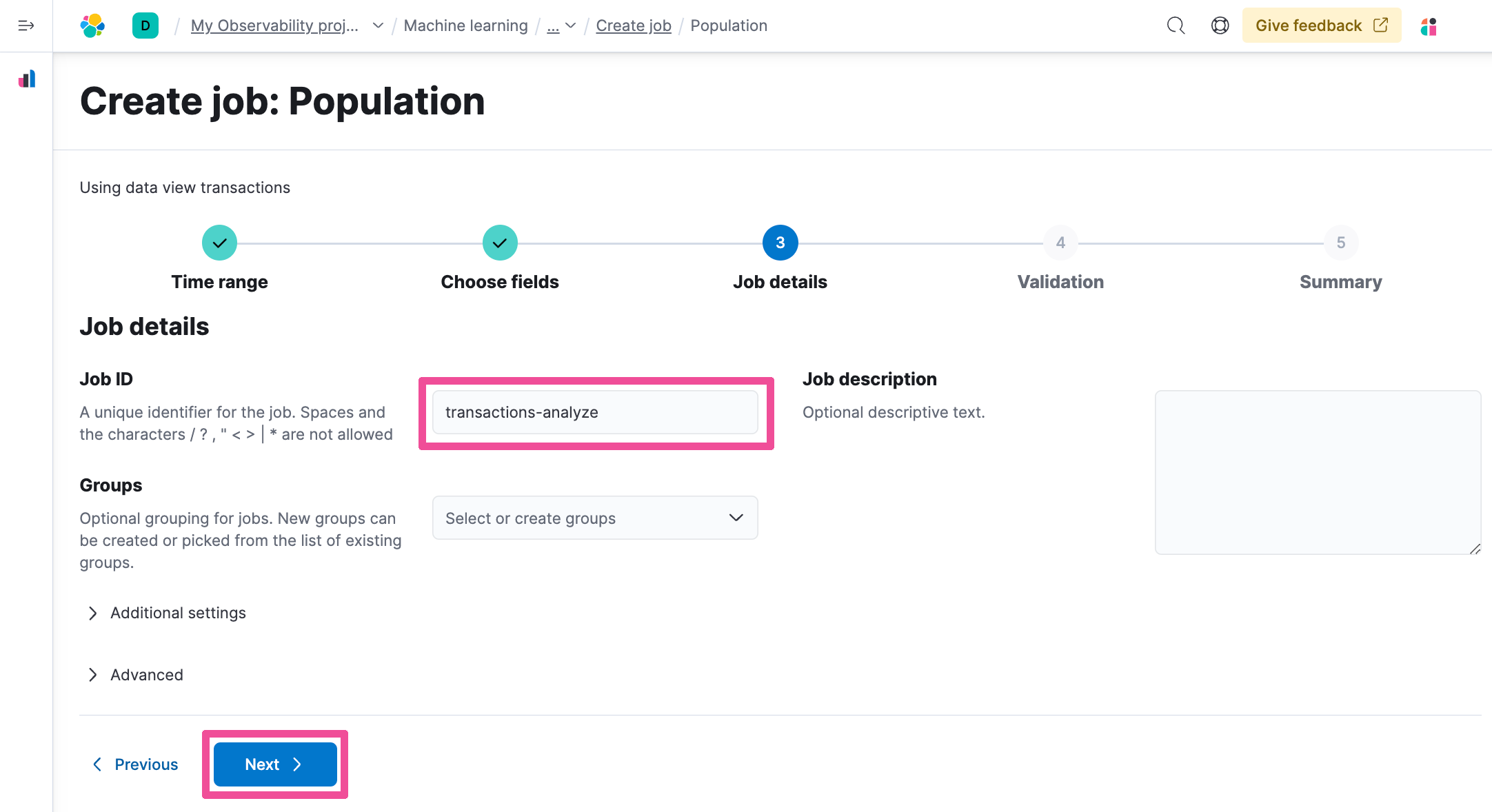 Configure anomaly detection job population enter job id next