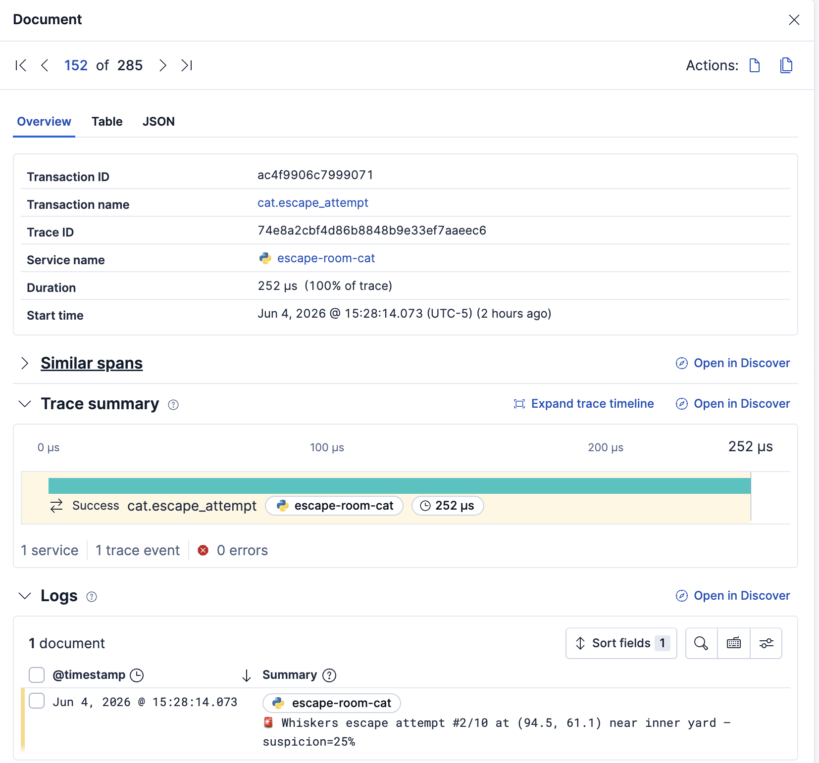 Kibana document view of a cat.escape_attempt transaction with trace summary and correlated log
