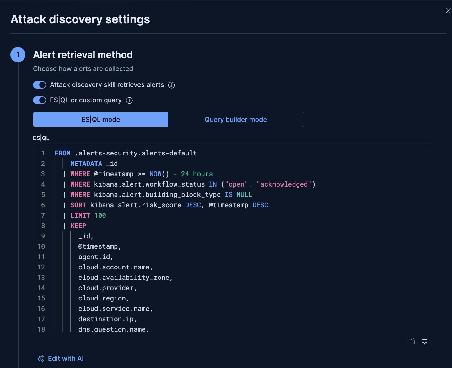 Attack Discovery settings showing a custom Elasticsearch Query Language (ES|QL) query for alert retrieval, filtering open and acknowledged alerts from the last 24 hours sorted by risk score.