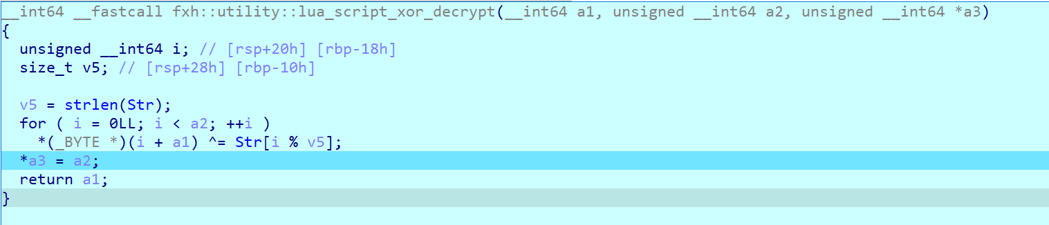 XOR decryption routine in the Lua loader