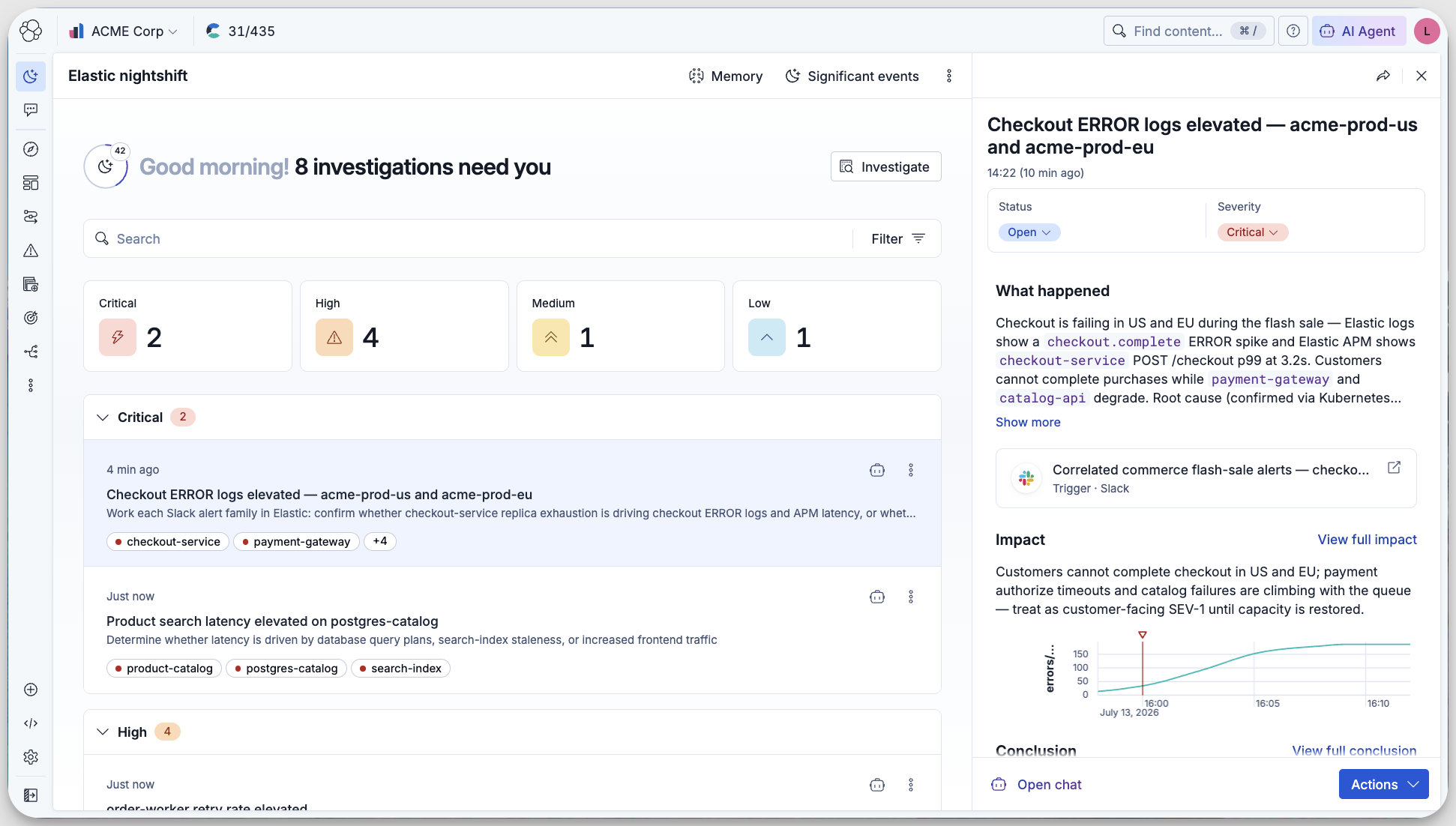 Completed AI SRE investigation showing what happened, impact across three services and the confirmed root cause