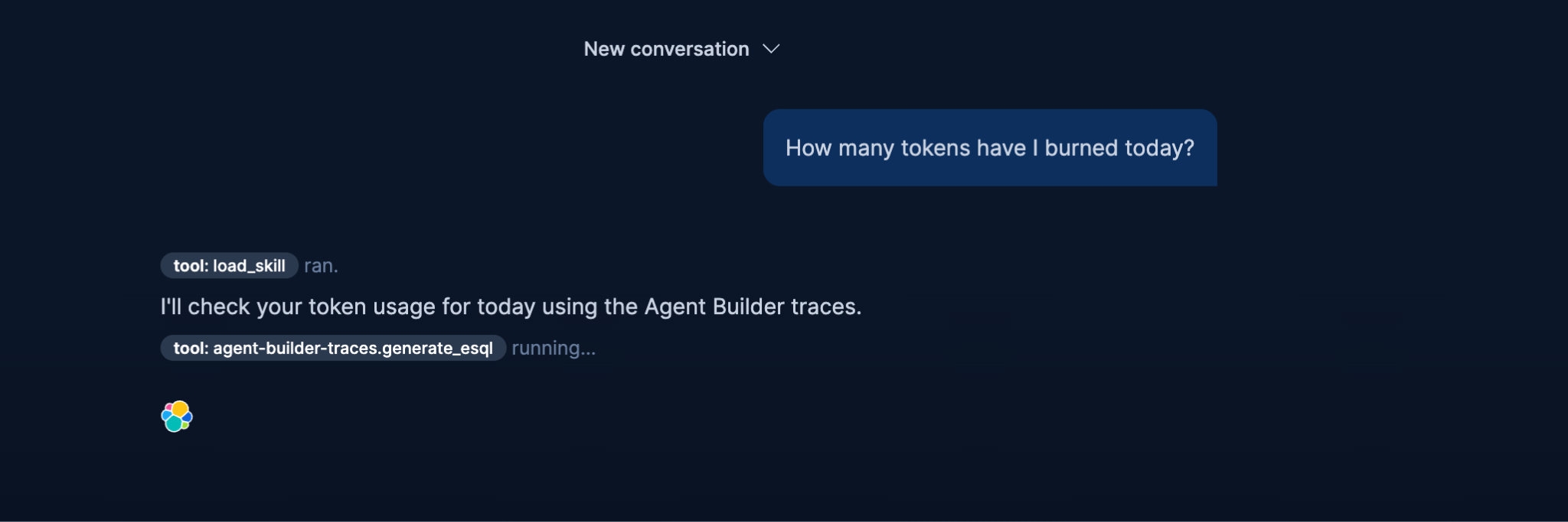 Elastic Agent Builder chat calling the agent-builder-traces skill to answer a token usage question in plain English