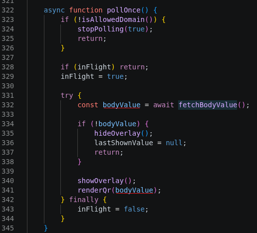 Malicious QR extension polling its C2 for code content and rendering it in an overlay on target sites