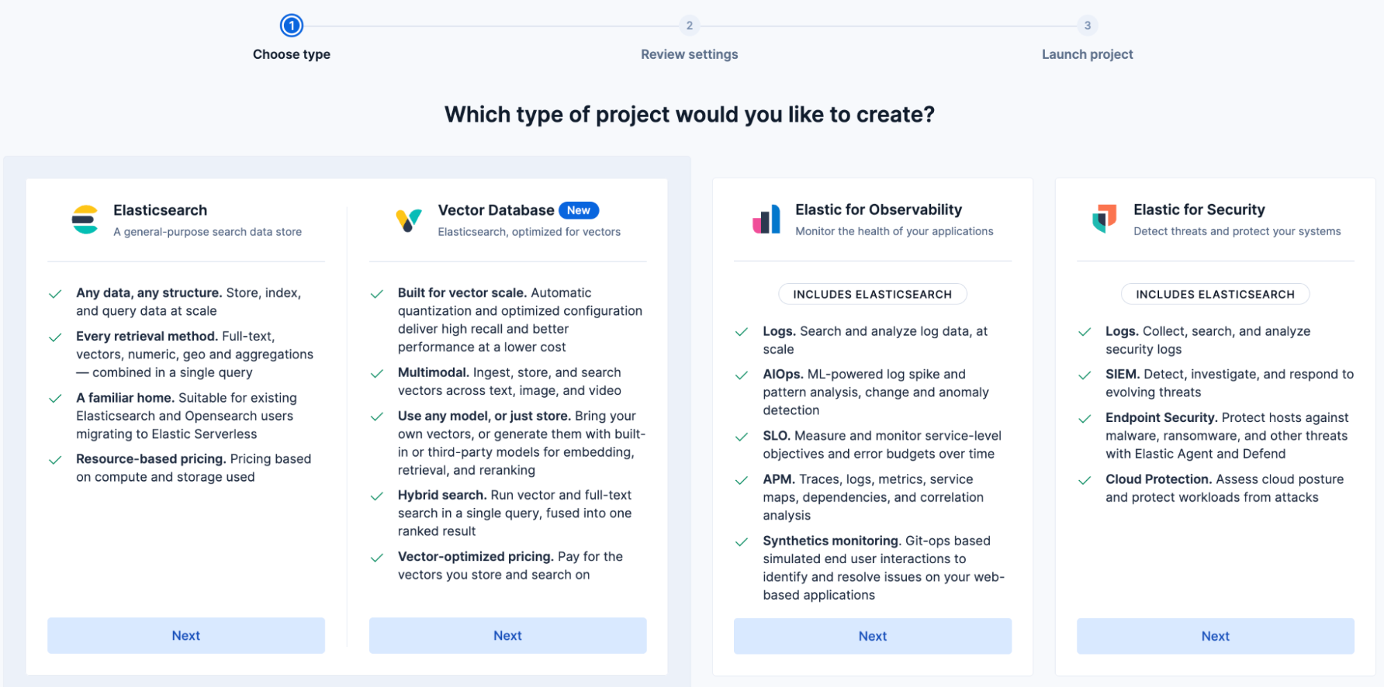 Elastic Cloud Serverless project types: Elasticsearch, Vector Database, Observability and Security