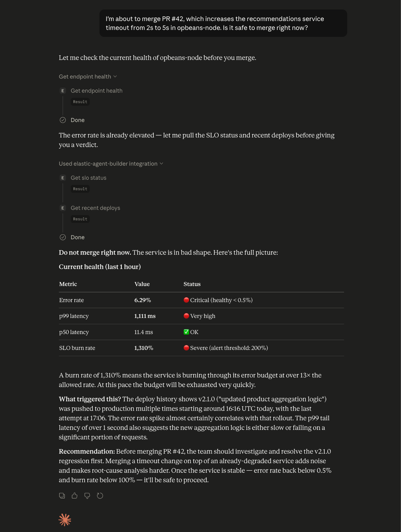 Final agent recommendation correlating endpoint health, recent deploys, and SLO burn rate to flag the merge as risky