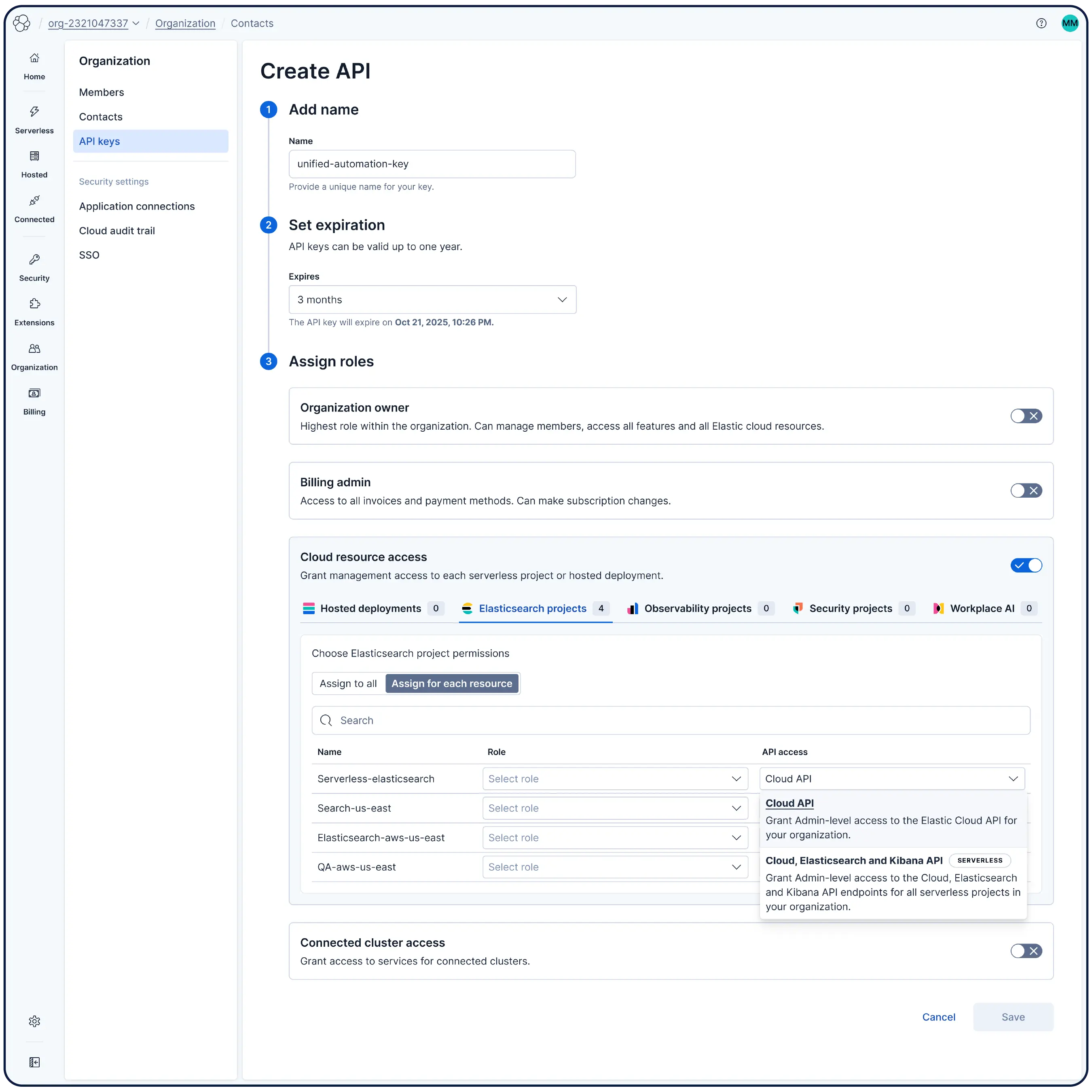 Elastic Cloud screen showing the API keys page with a Create API key modal open, including fields for name, expiration, and role assignments.