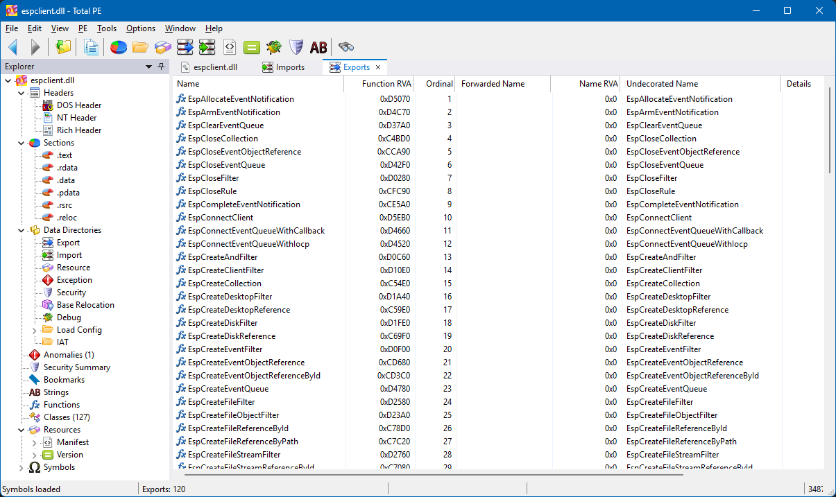 espclient.dll exports in Total PE showing 120 Esp-prefixed functions for filters, rules and event queues