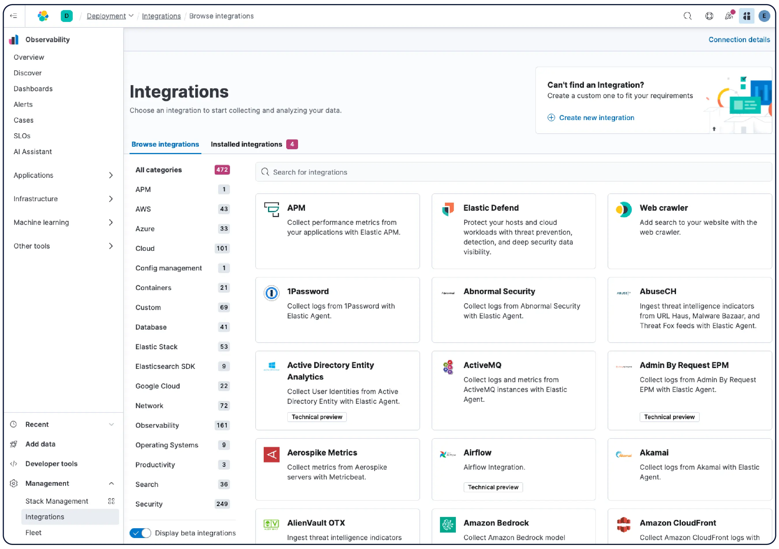 Elastic uses AI-driven auto-import for custom data plus 450+ OOTB integrations to ingest logs and metrics.
