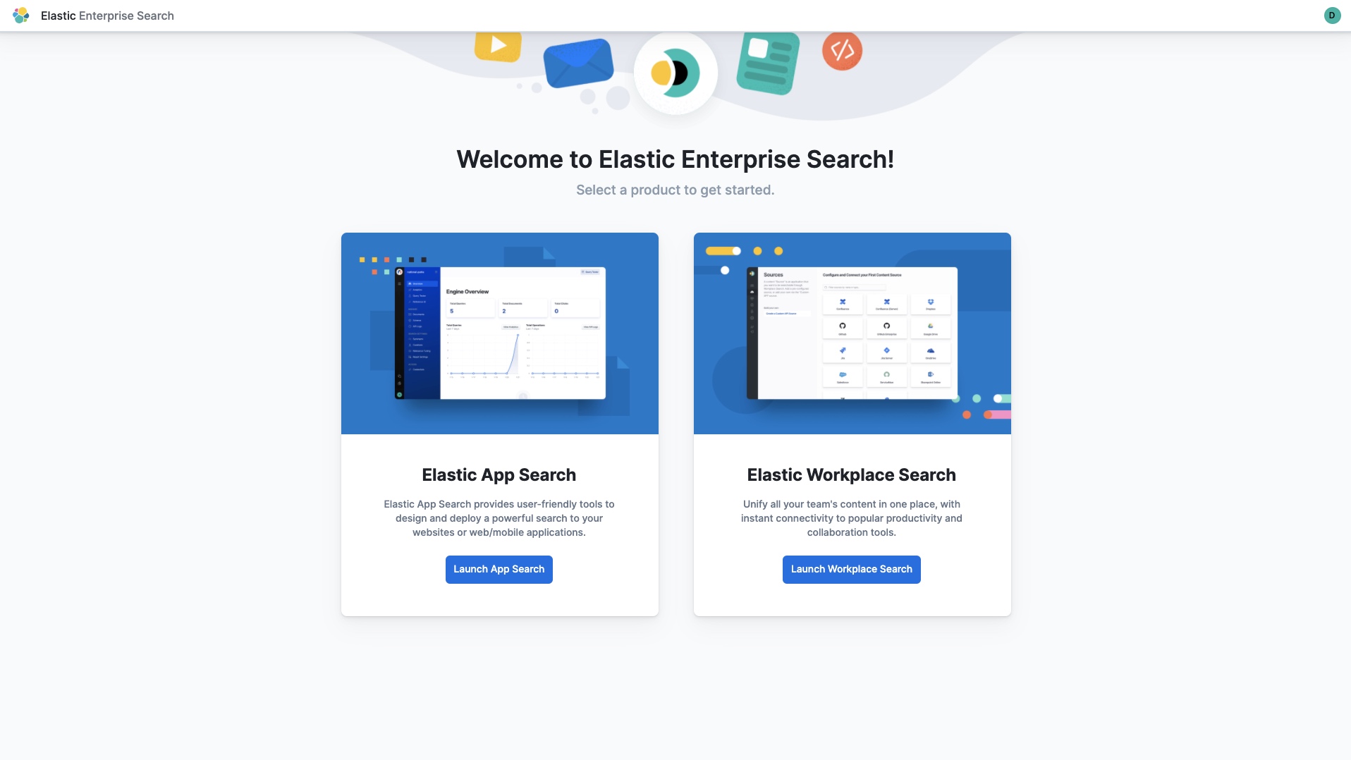 Pantalla de bienvenida para el despliegue nuevo de Elastic Enterprise Search
