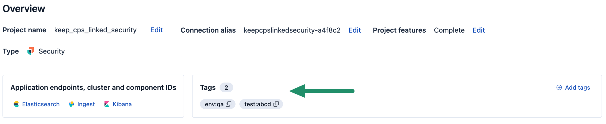 The Overview section displays the project name, the connection alias, and the project type. The section titled “Application endpoints, cluster and component IDs” lists Elasticsearch, Ingest, and Kibana. An arrow points to the Tags panel on the right, which contains an option to add tags.