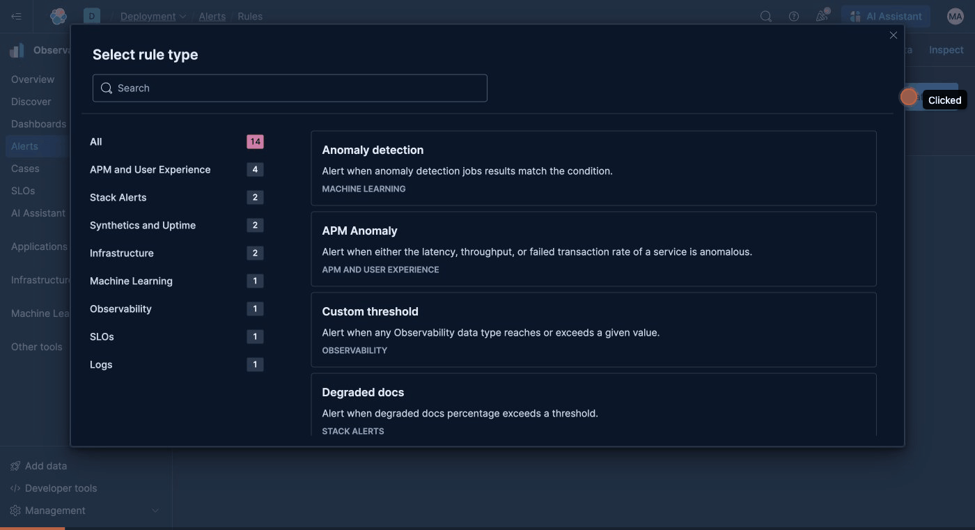 Selecting alert rule types in Elastic Observability including anomaly detection, APM anomaly, custom threshold and SLOs