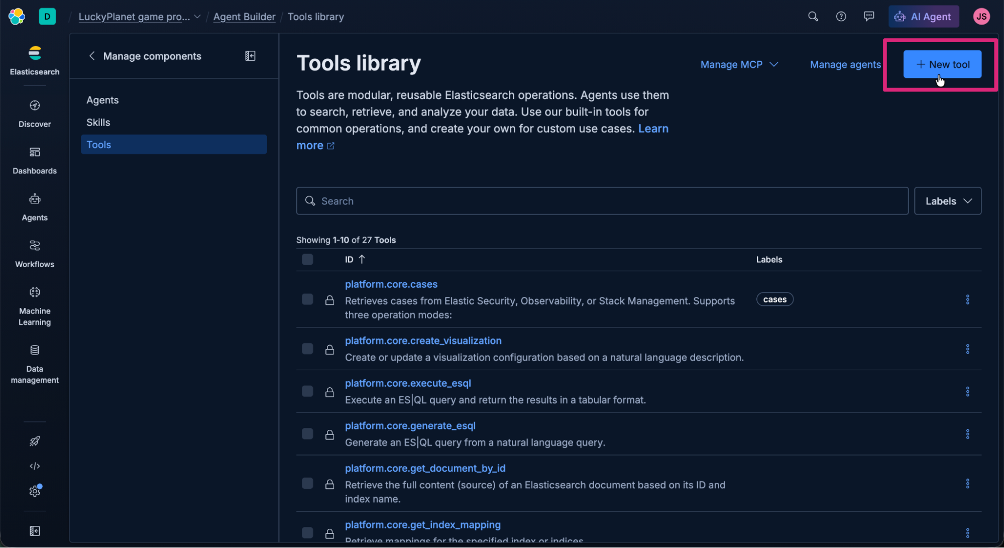 Screenshot of the Elastic AI Agent “Tools library” interface in dark mode, showing a list of modular Elasticsearch operations. The left sidebar includes navigation options, like Discover, Dashboards, Agents, Workflows, Machine Learning, and Data management. The focus is on the “+ New tool” button at the top right.