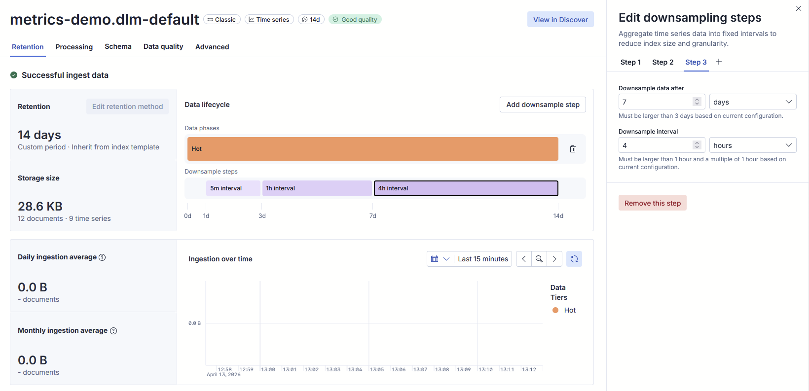 ILM phase flyout with downsample interval and live timeline preview in Elastic Streams