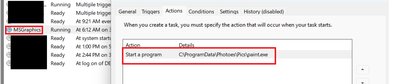 Persistence was established through a COM-based scheduled task named MSGraphics
