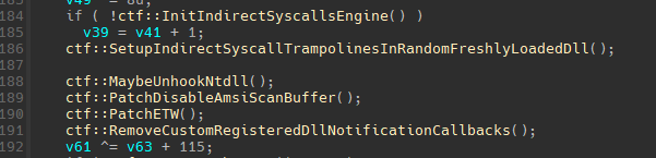 TELEPUZ indirect syscall engine setup code initializing trampolines and patching freshly loaded DLL for syscall evasion