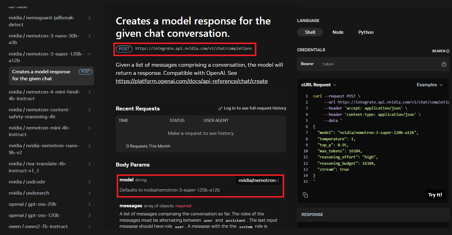 NVIDIA chat completions API reference showing the POST endpoint and default model nemotron-3-super-120b-a12b