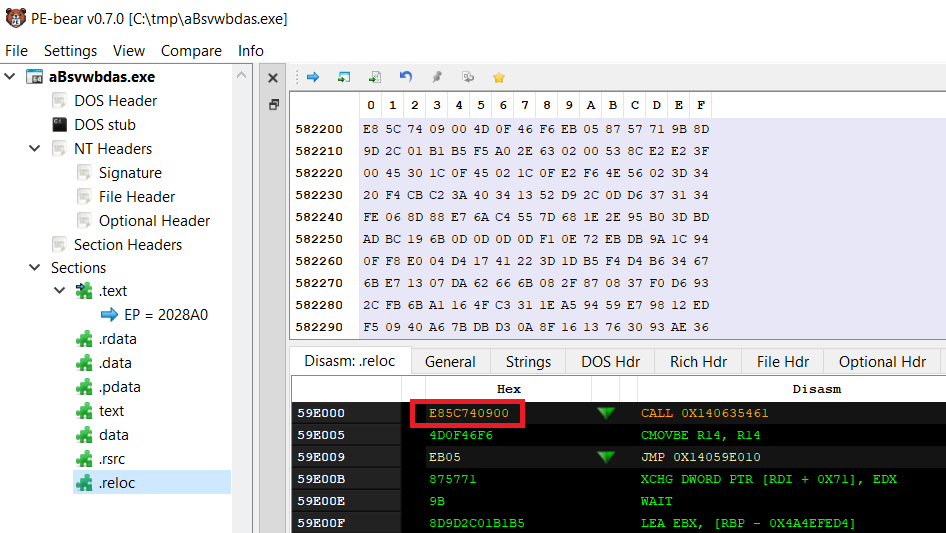 PE-bear showing code/instructions inside .reloc section
